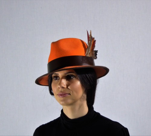 Velour Fedora in Burnt Orange with Brown Leather hatband and Feathers.
