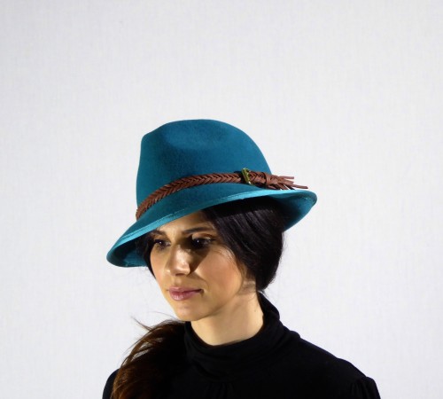 Velour fedora in teal with plaited band.