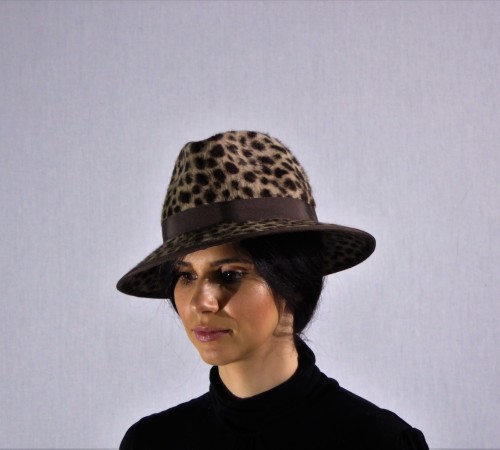 Velour Animal Print Fedora in Beige and Brown with Brown hatband.