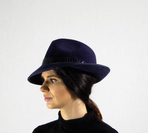 Velour fedora in midnight blue with leather hatband.